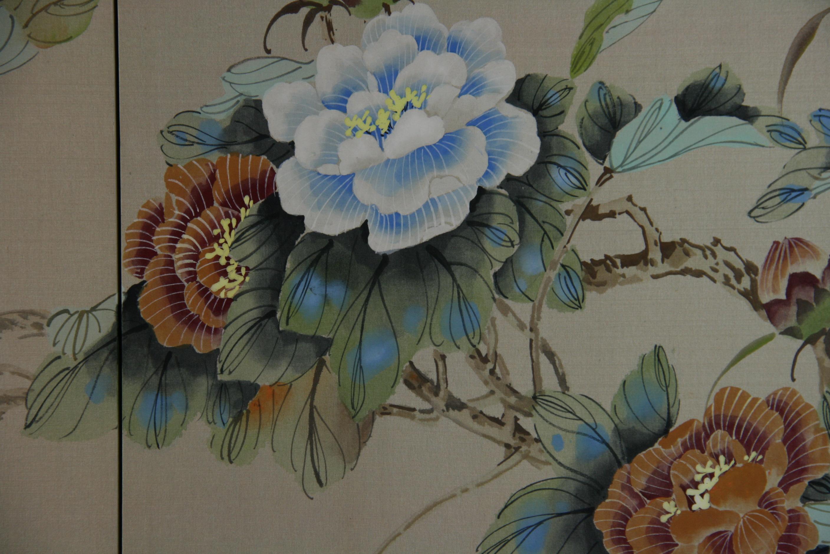 Silk Four Panel Japanese  Screen Birds and Flowers