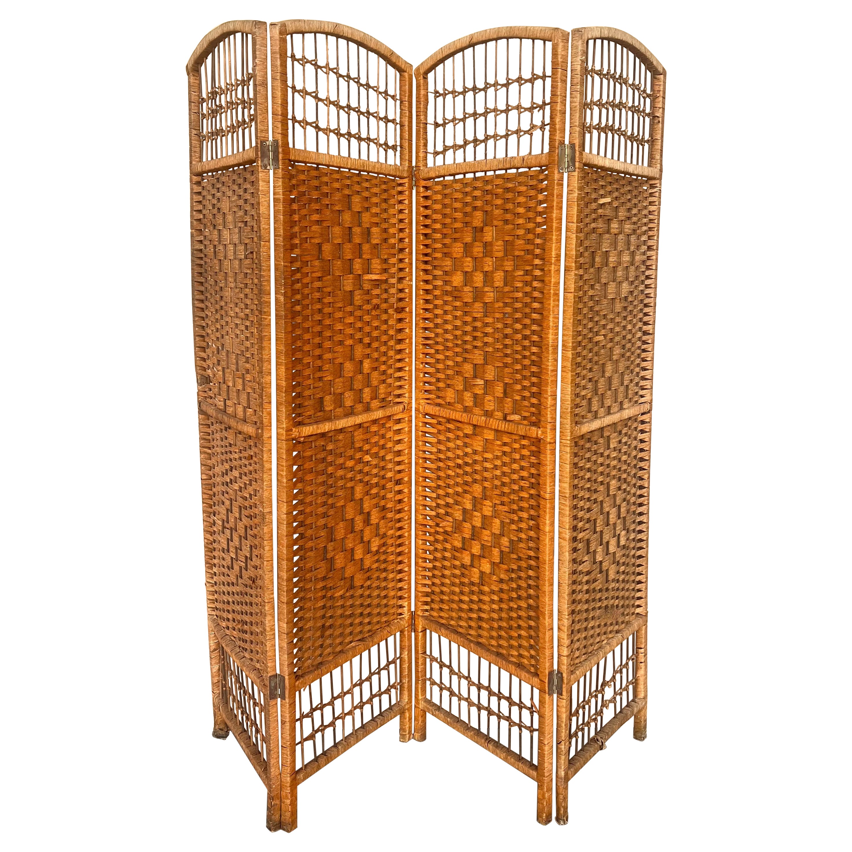 Biombo plegable de cuatro paneles de mimbre de bambú y ratán, Francia Años 60