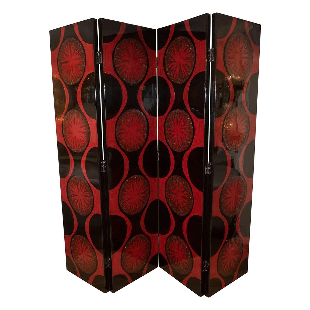 Four-Panel Black and Red Lacquered Wood Screen