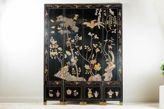Four-Panel Black Lacquer Screen with Birds, Blossoms, and Brass Feet