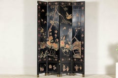 Four-Panel Black Lacquer Screen with Birds, Red-Crowned Cranes, and Flowers
