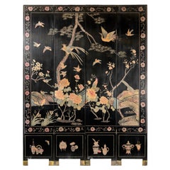 Four-Panel Black Lacquer Screen with Birds, Red-Crowned Cranes, and Flowers