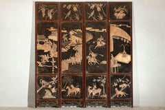 Four-Panel Black Lacquer Screen with Painted Narrative and Animal Scenes