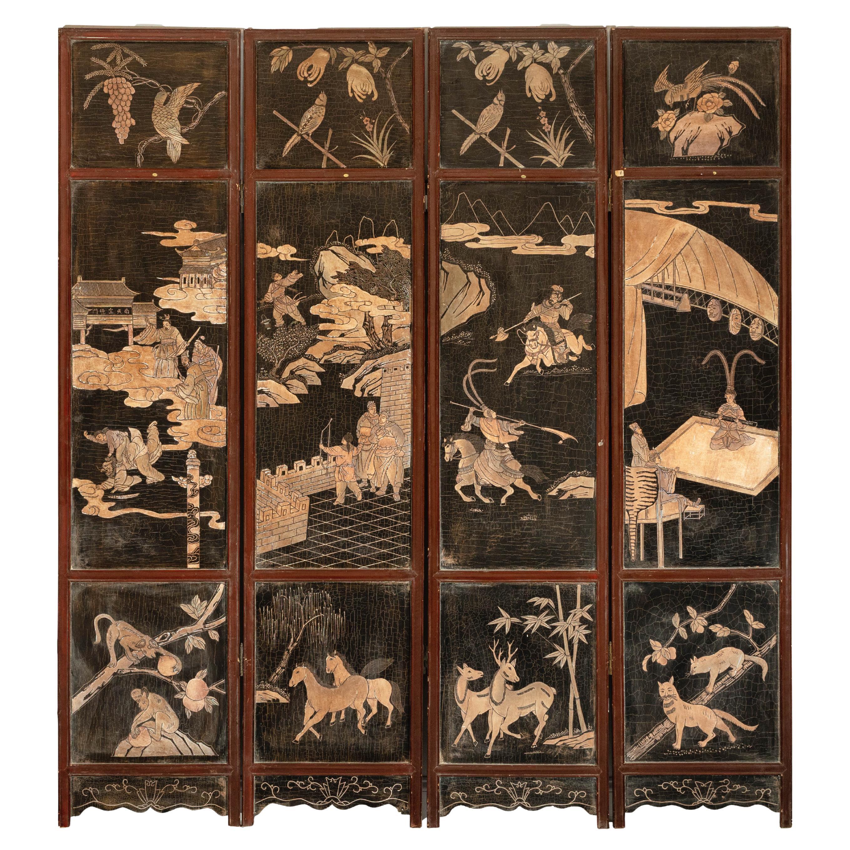 Four-Panel Black Lacquer Screen with Painted Narrative and Animal Scenes