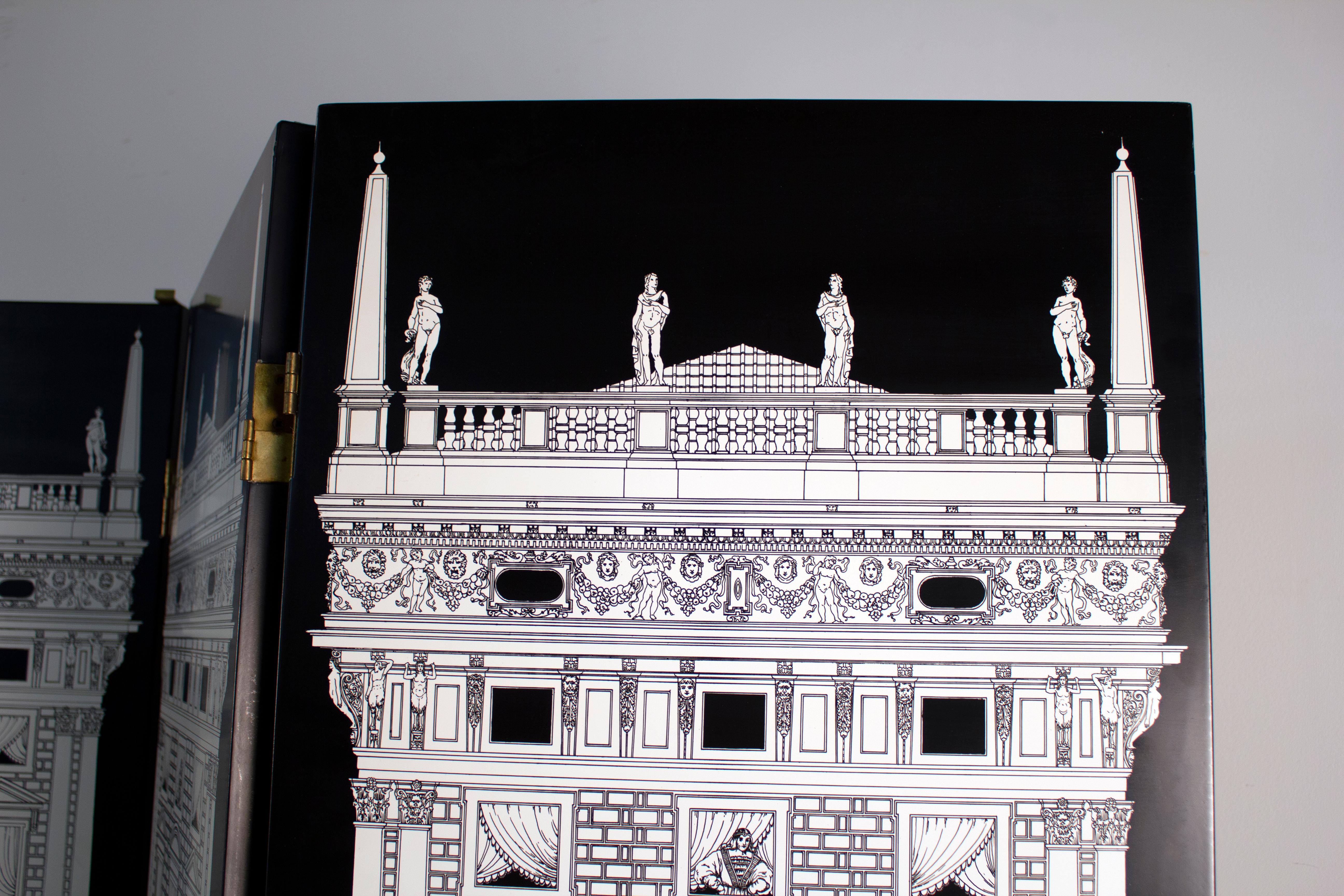 Mid-Century Modern Four Panel Black and White Piero Fornasetti 'Architectura' Folding Screen