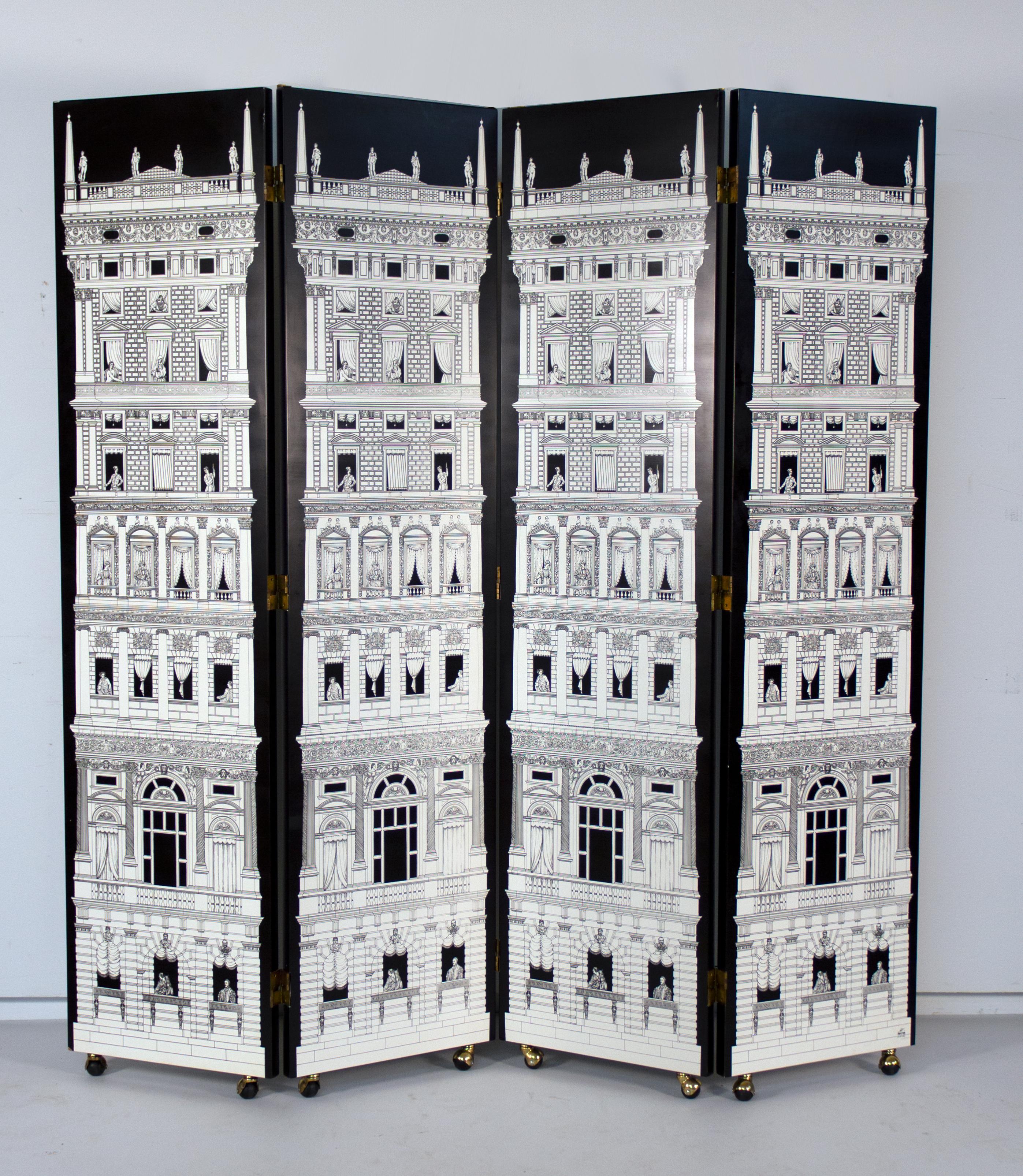 Four Panel Black and White Piero Fornasetti 'Architectura' Folding Screen 1