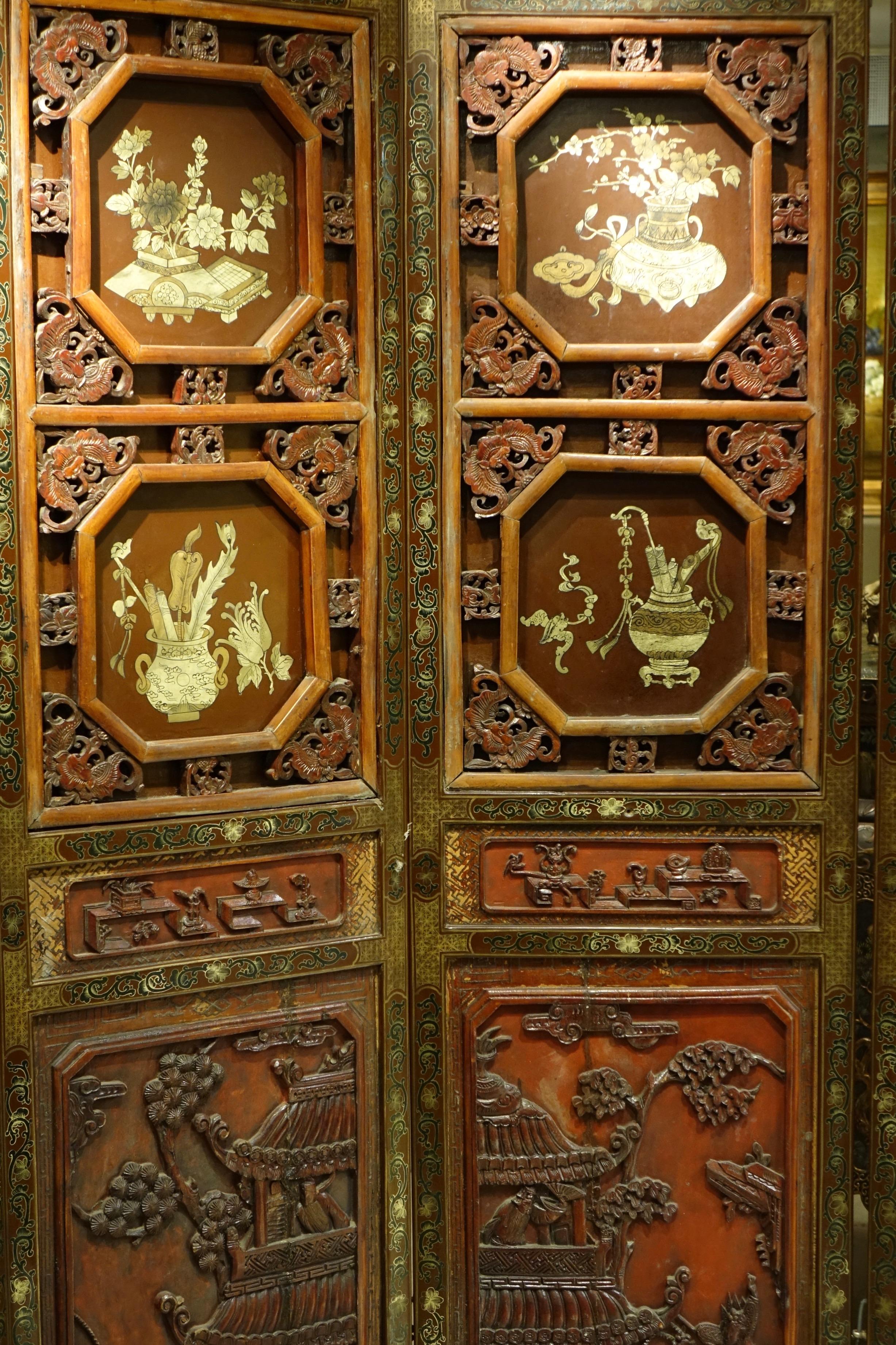 Four-Panel Carved Wood and Red Lacquered Screen, China, circa 1900 For Sale 5