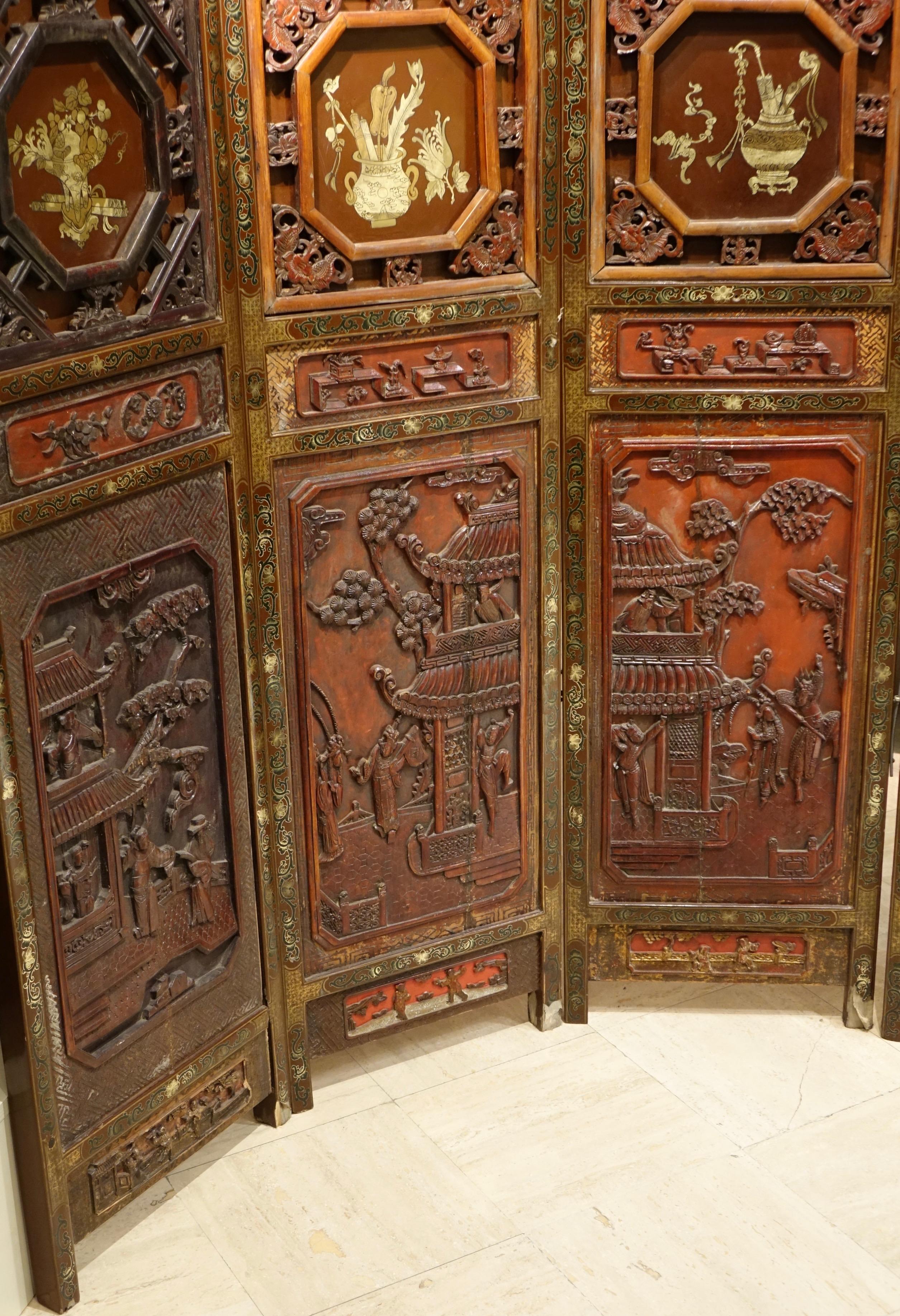 Four-Panel Carved Wood and Red Lacquered Screen, China, circa 1900 For Sale 6