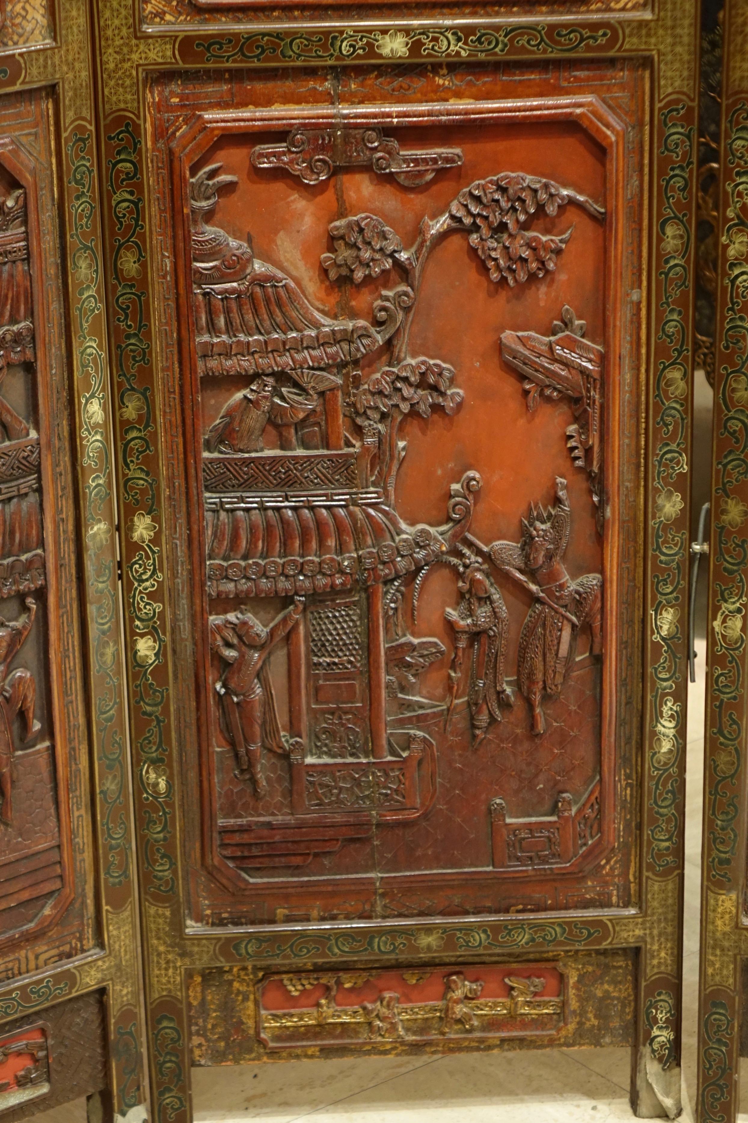 Four-Panel Carved Wood and Red Lacquered Screen, China, circa 1900 For Sale 7