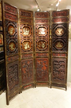 Four-Panel Carved Wood and Red Lacquered Screen, China, circa 1900