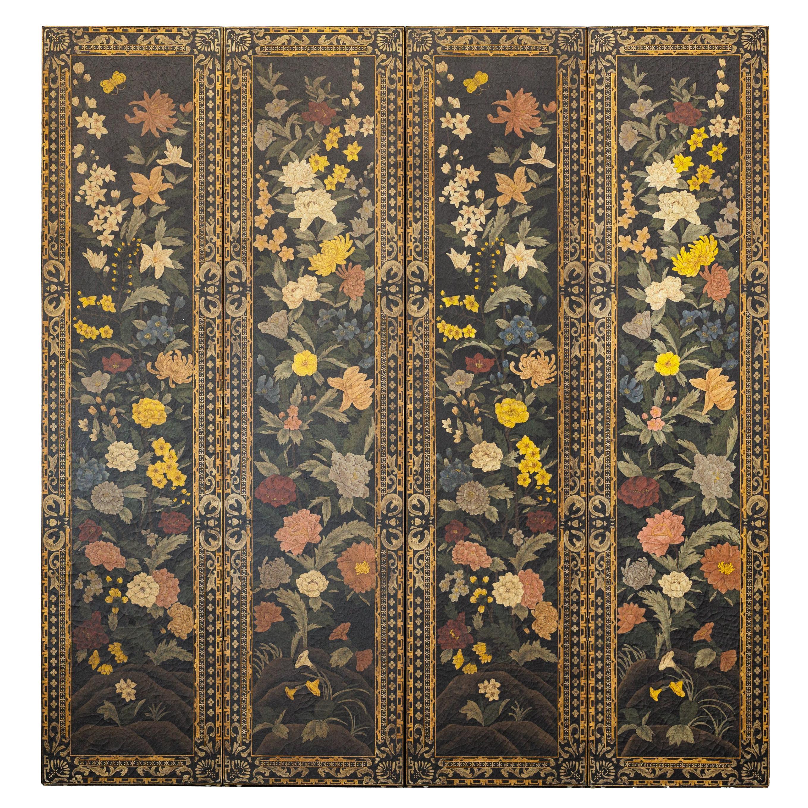 Four-Panel Chinese Black Lacquer Screen with Polychrome Floral Decoration For Sale