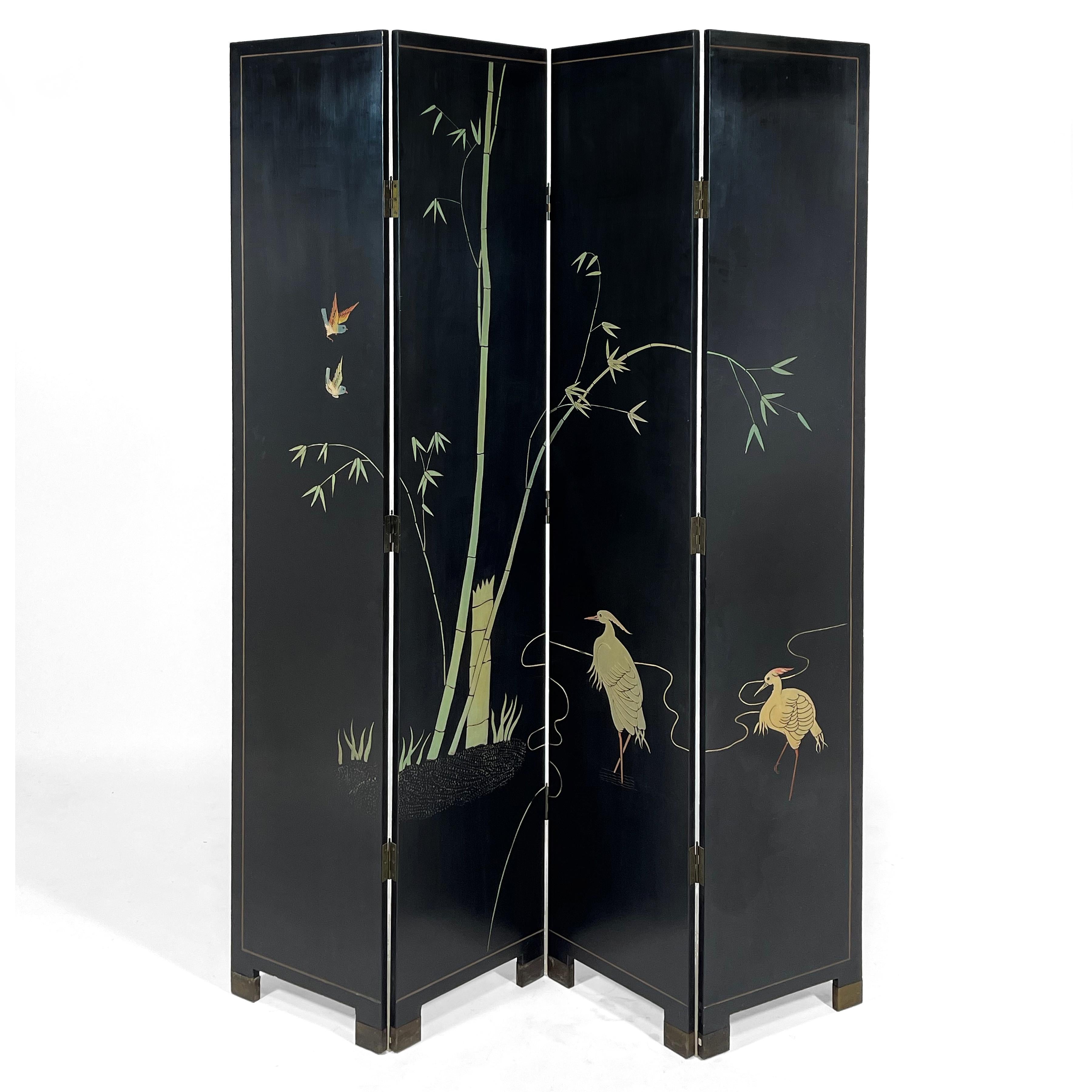 Brass Four Panel Chinese Coromandel Folding Lacquered Screen For Sale