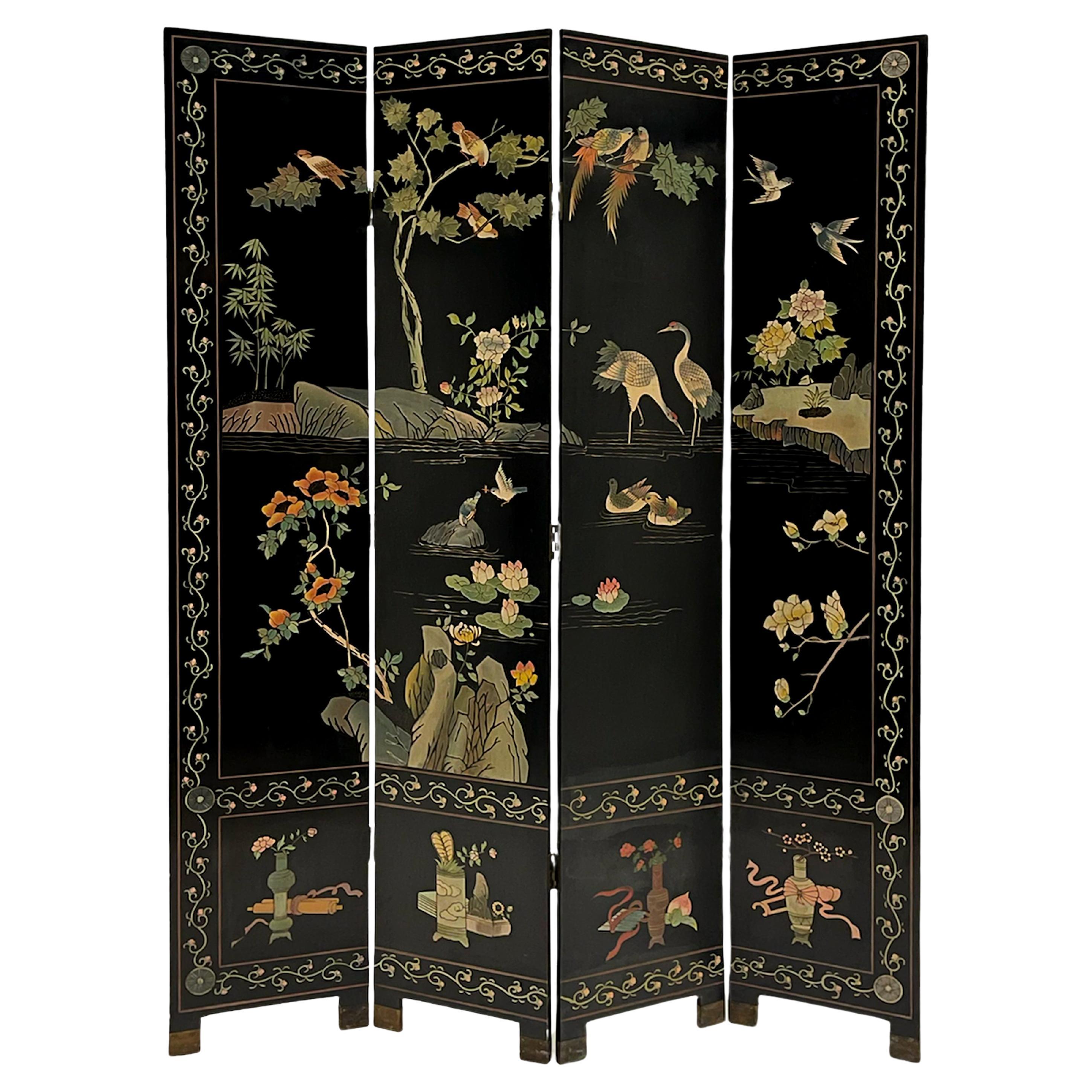 Four Panel Chinese Coromandel Folding Lacquered Screen