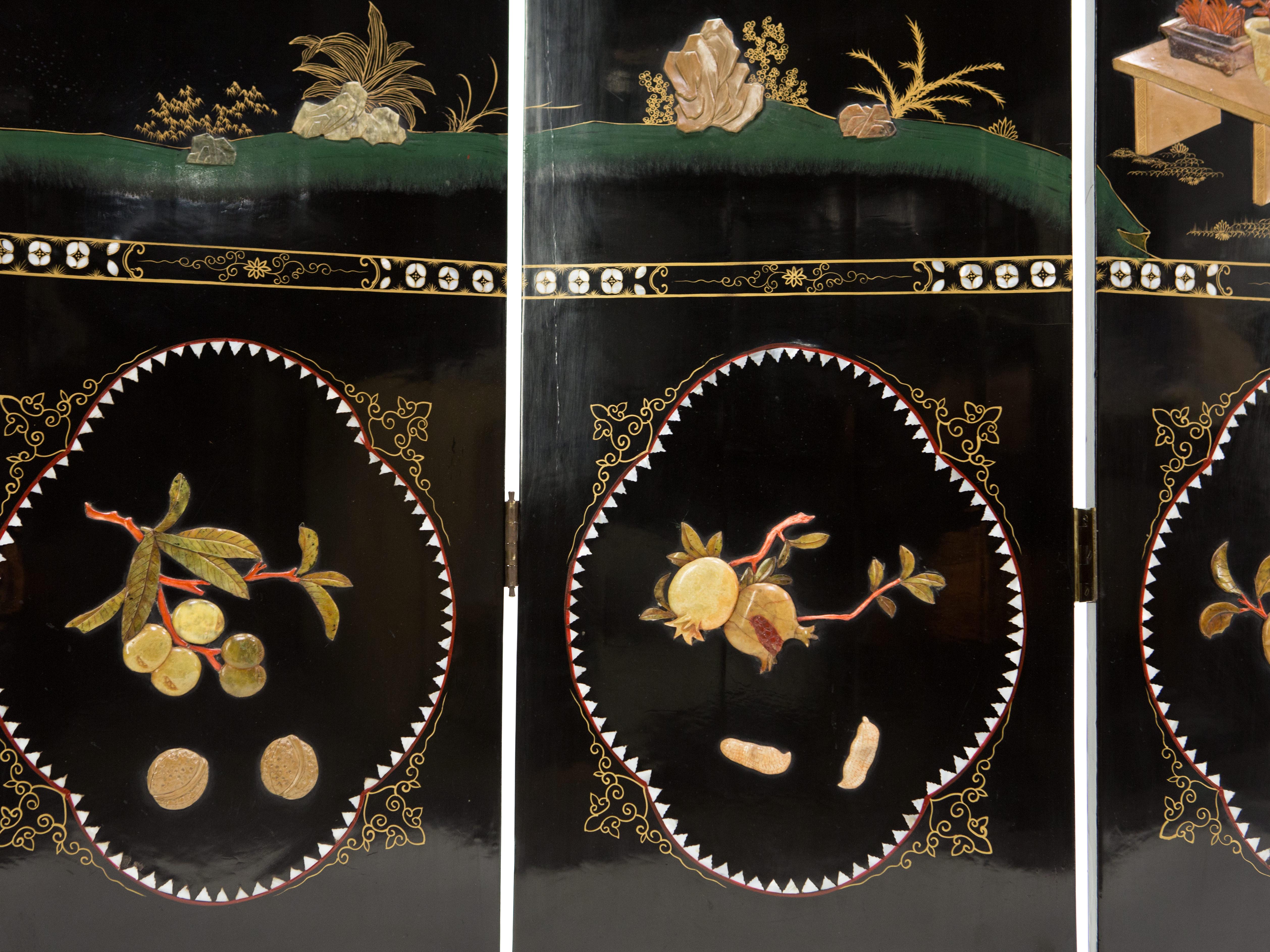 Four Panel Chinese Lacquered soapstones Scenery Screen 1940s 4