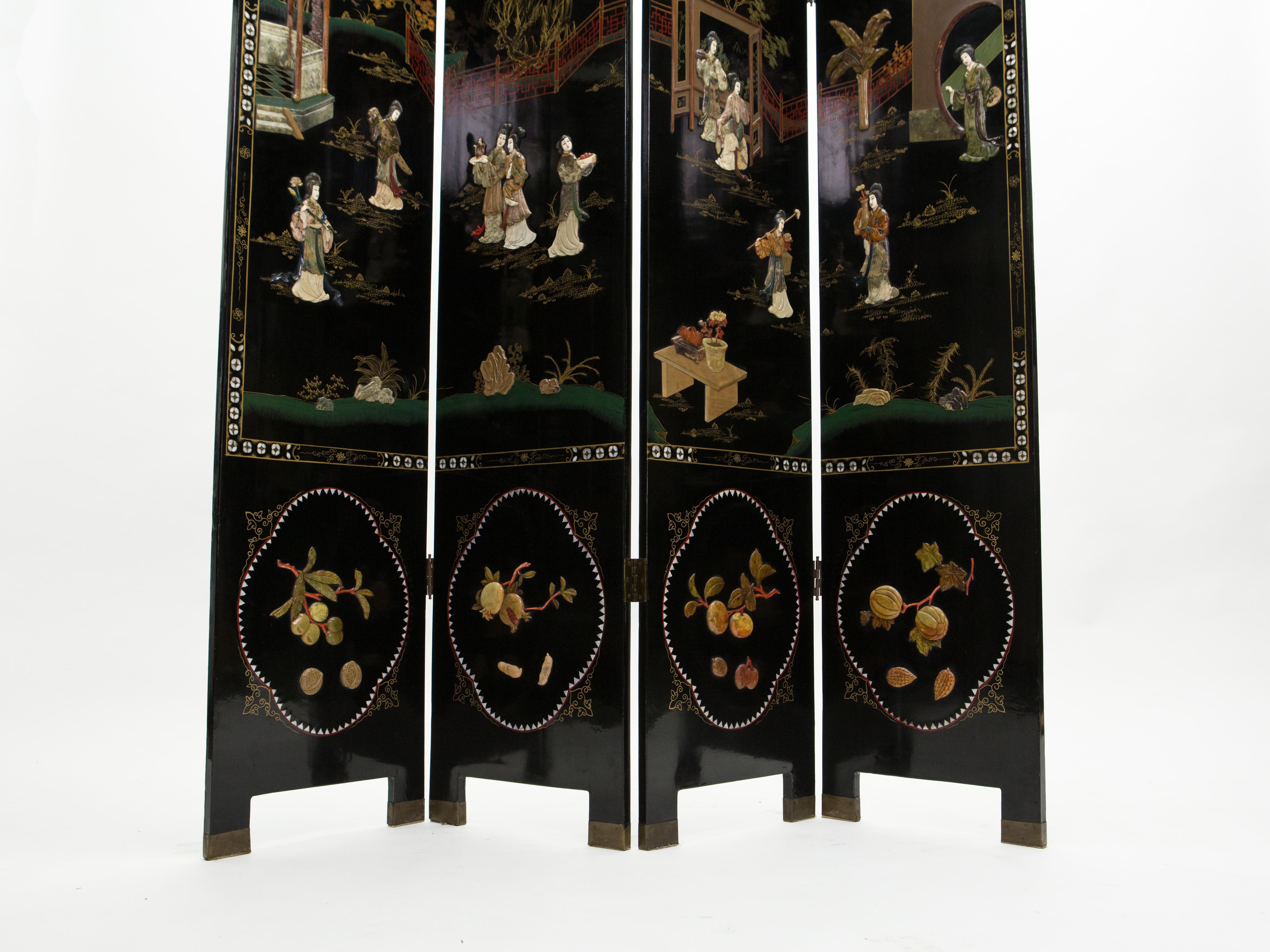 Four Panel Chinese Lacquered soapstones Scenery Screen 1940s 8