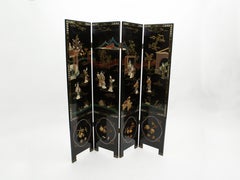 Four Panel Chinese Lacquered soapstones Scenery Screen 1940s
