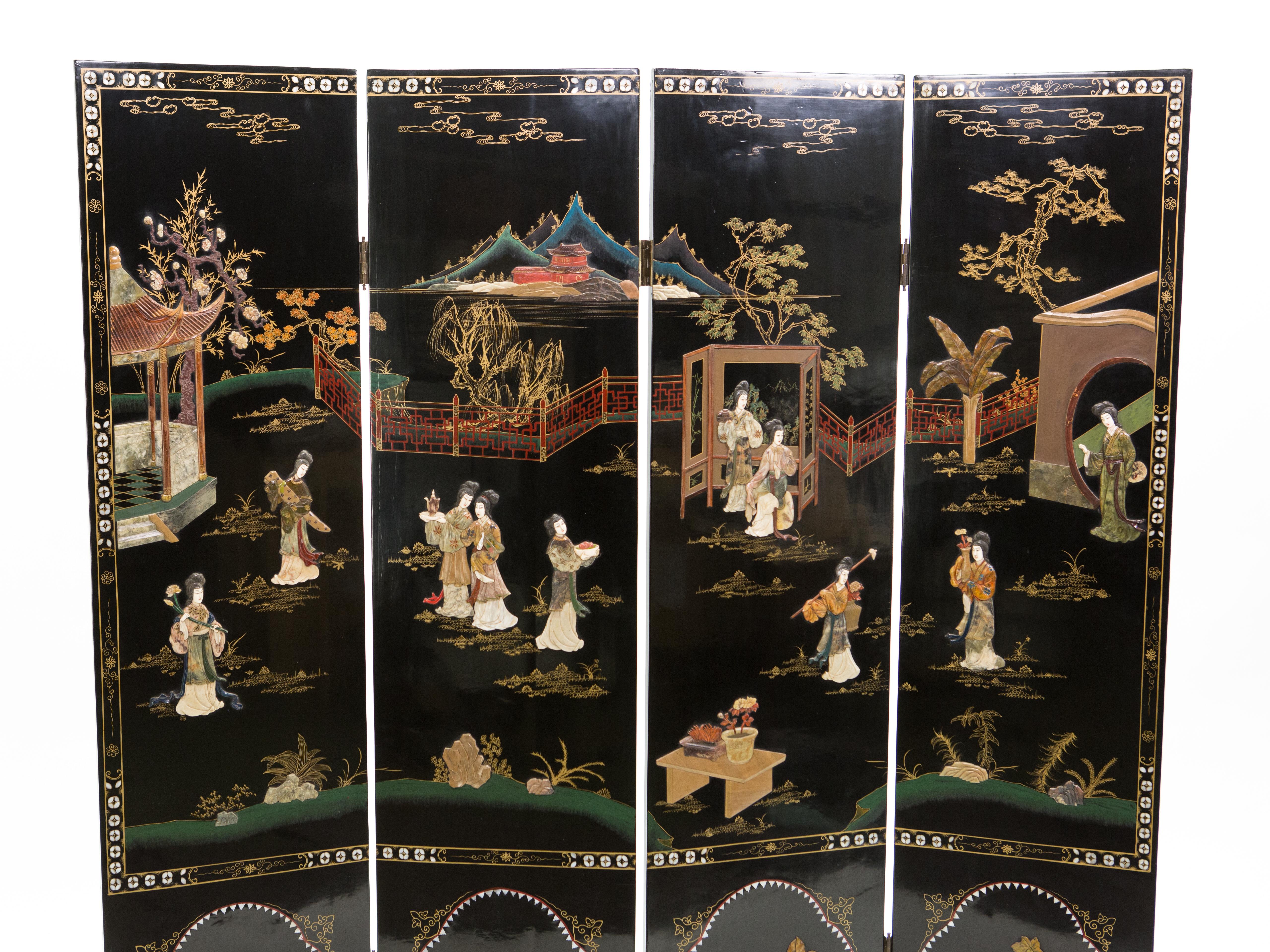 Mid-Century Modern Four Panel Chinese Lacquered soapstones Scenery Screen 1940s