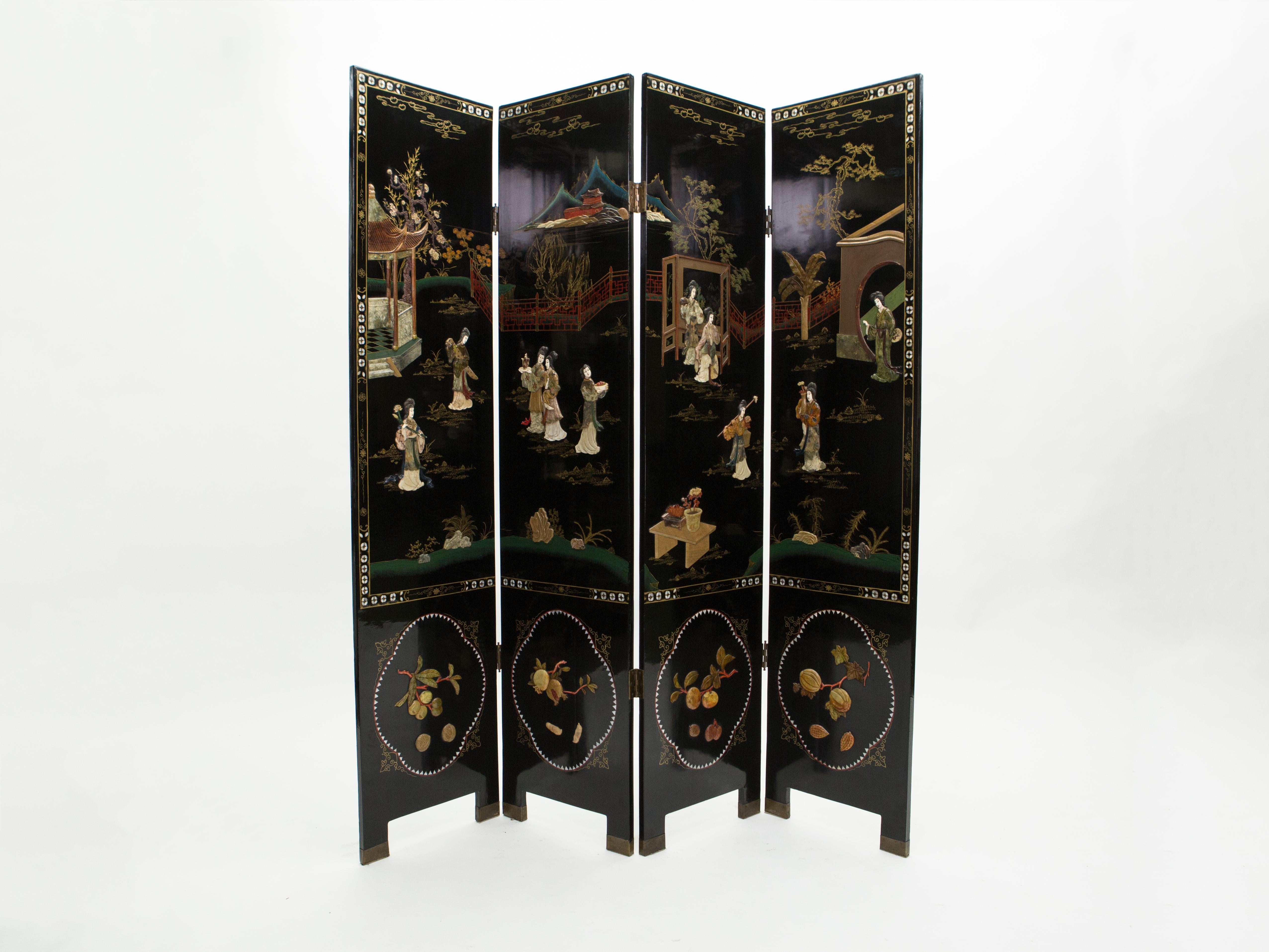 Brass Four Panel Chinese Lacquered soapstones Scenery Screen 1940s