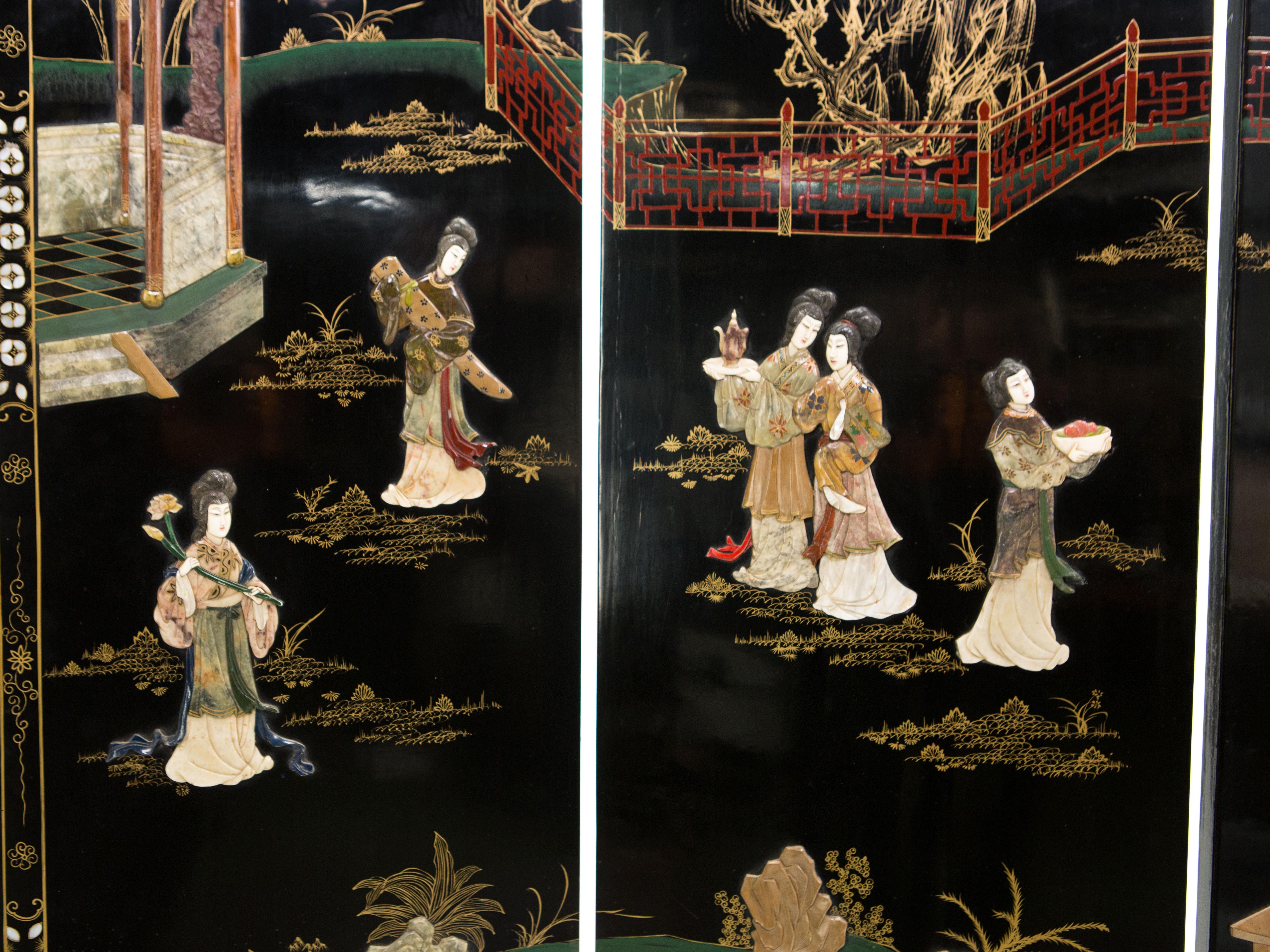 Four Panel Chinese Lacquered soapstones Scenery Screen 1940s 1
