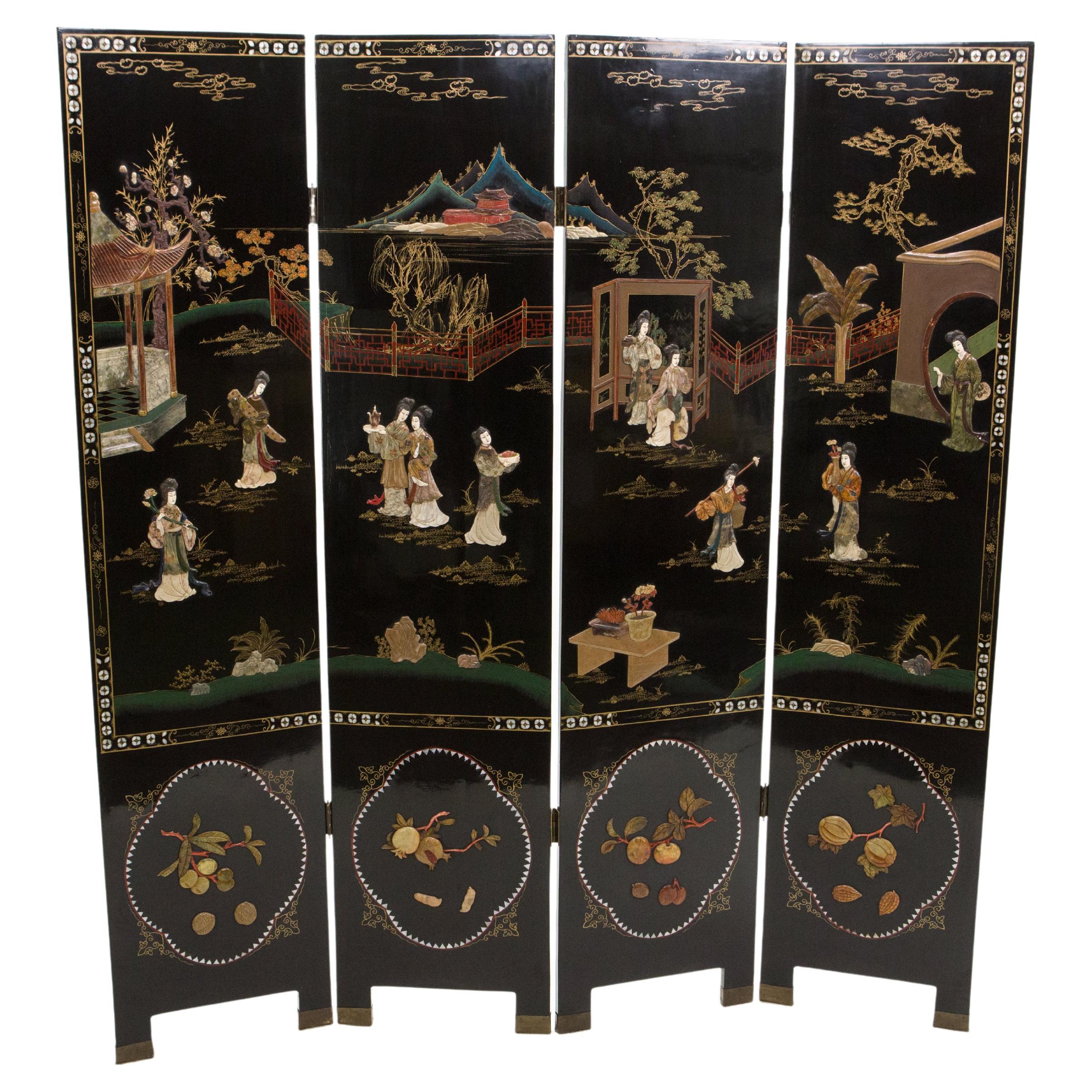 Four Panel Chinese Lacquered soapstones Scenery Screen 1940s