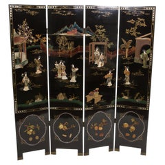 Four Panel Chinese Lacquered soapstones Scenery Screen 1940s