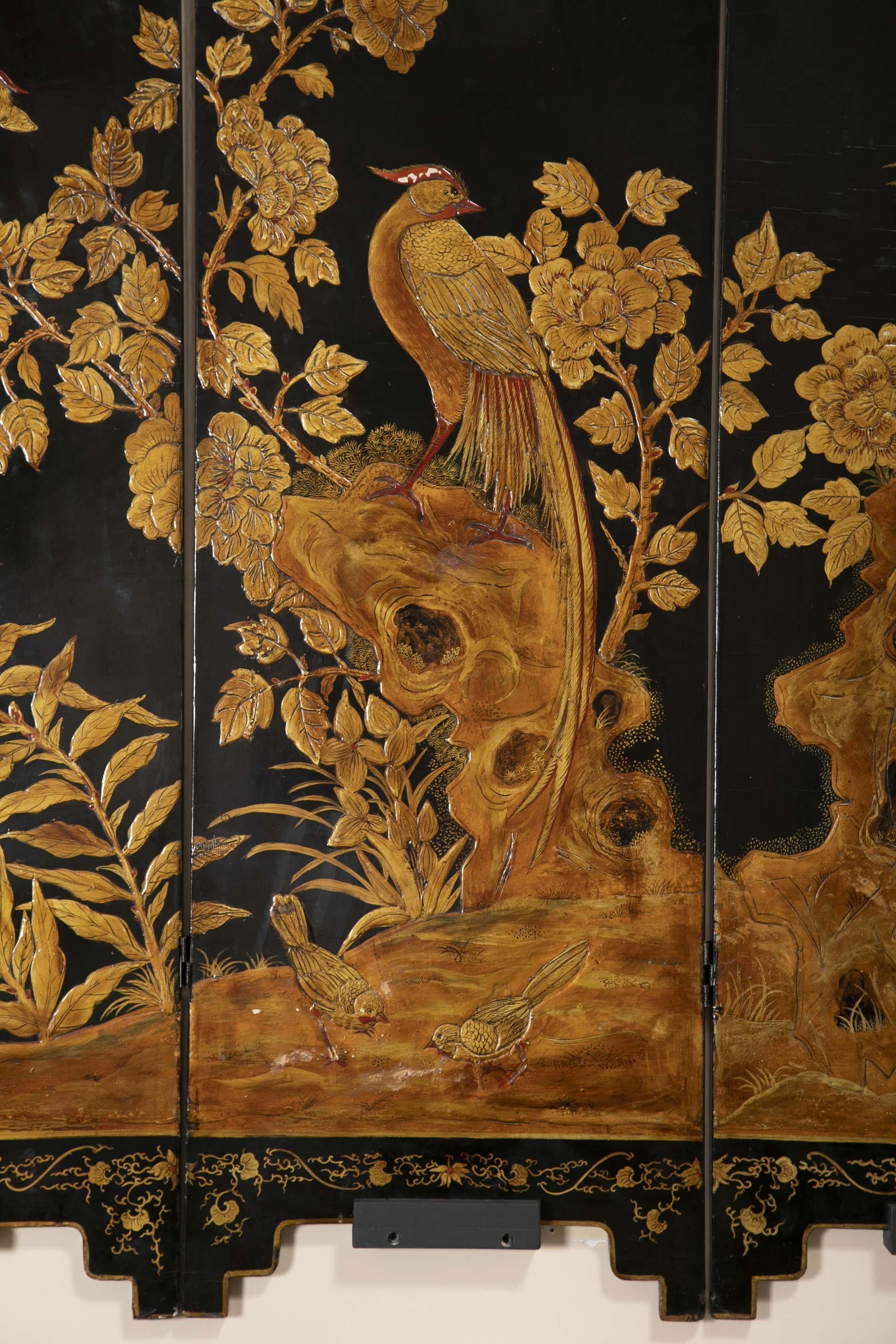 Hand-Painted Four Panel Chinese Lacquered Screen Depicting a Phoenix