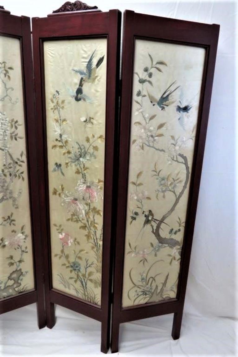 What a magnificent one-of-a-kind Valentine's Day gift this would be! Wow!!

Four panel Chinese silk embroidered screen or room divider believed to be created during the late Qing Dynasty. Four ivory silk embroidered panels housed in a wooden frame