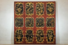 Four-Panel Cinnabar Red and Black Lacquered Screen with Gilt Chinoiserie Motifs