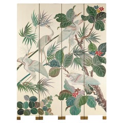 Four-Panel Decorative Screen with Cranes and Tropical Foliage Double-Sided Four-Panel Decorative Screen with Cranes and Tropical Foliage Double-Sided
