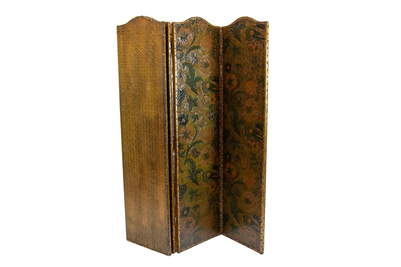 English Four Panel Embossed Leather Screen
