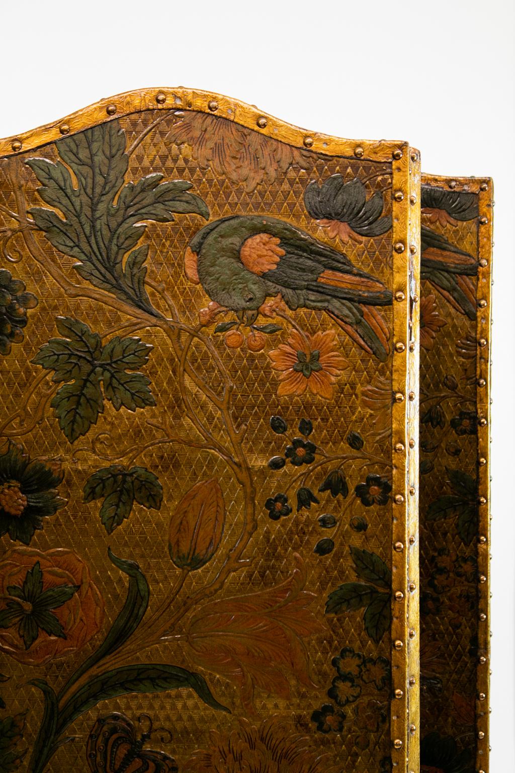 Mid-19th Century Four Panel Embossed Leather Screen