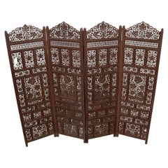 Four-Panel Finely Carved Teak Room Divider Screen