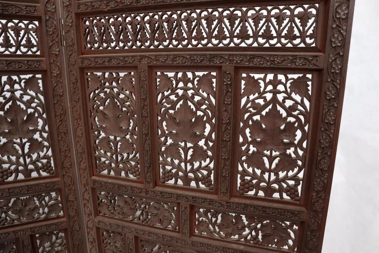 Four-Panel Finely Carved Teak Room Divider Screen In Good Condition For Sale In Rockaway, NJ