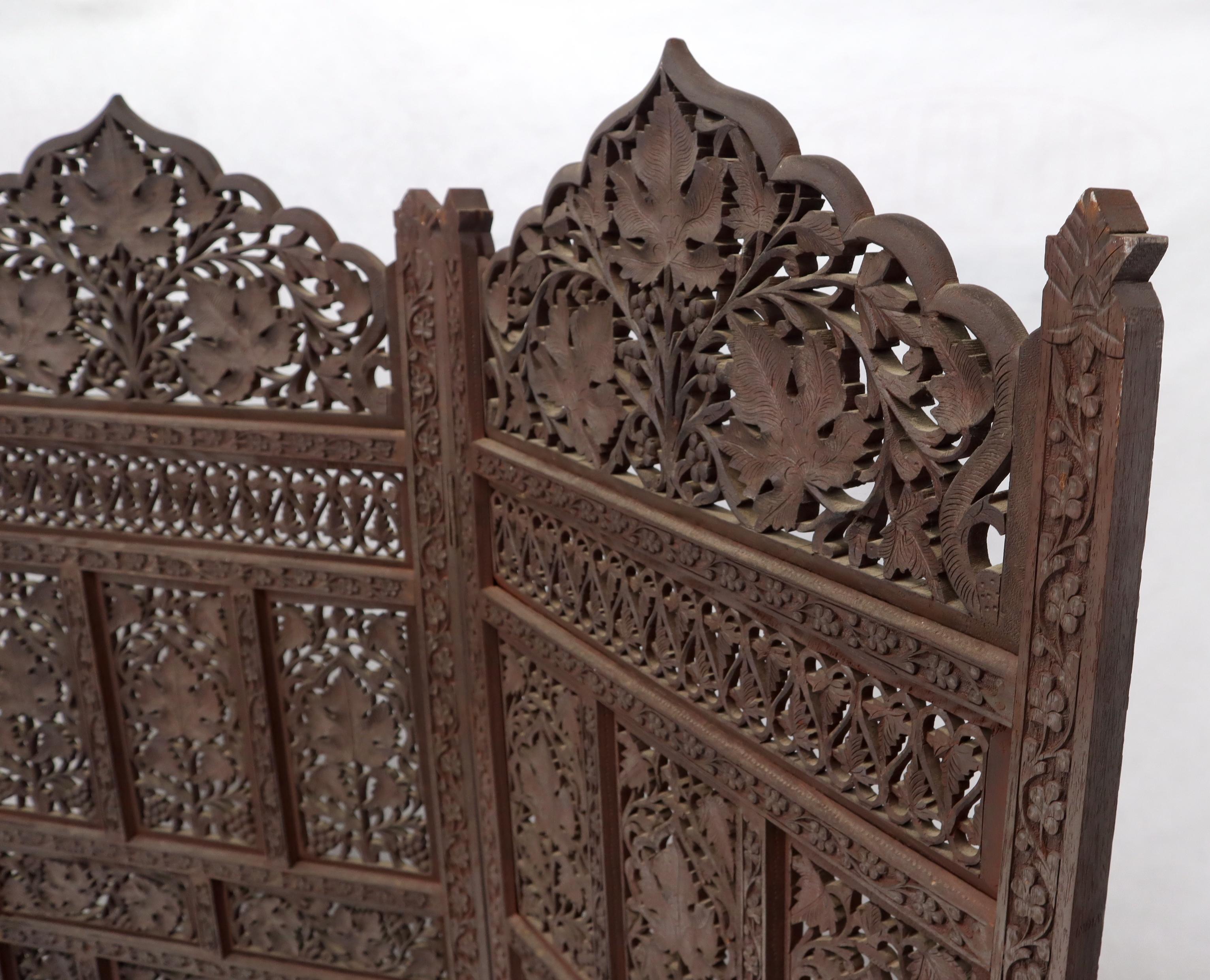 Four-Panel Finely Carved Teak Room Divider Screen In Good Condition For Sale In Rockaway, NJ