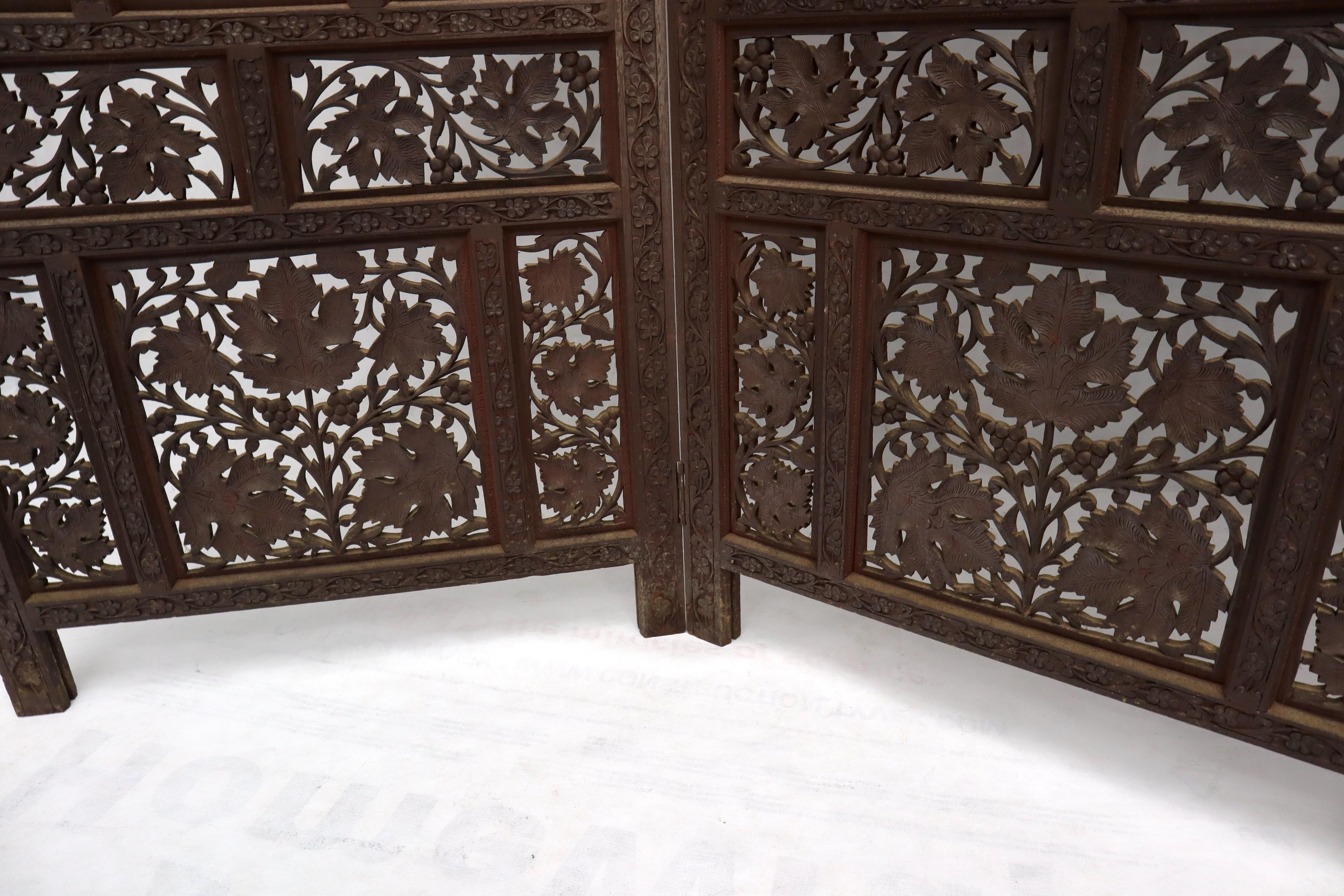 20th Century Four-Panel Finely Carved Teak Room Divider Screen For Sale