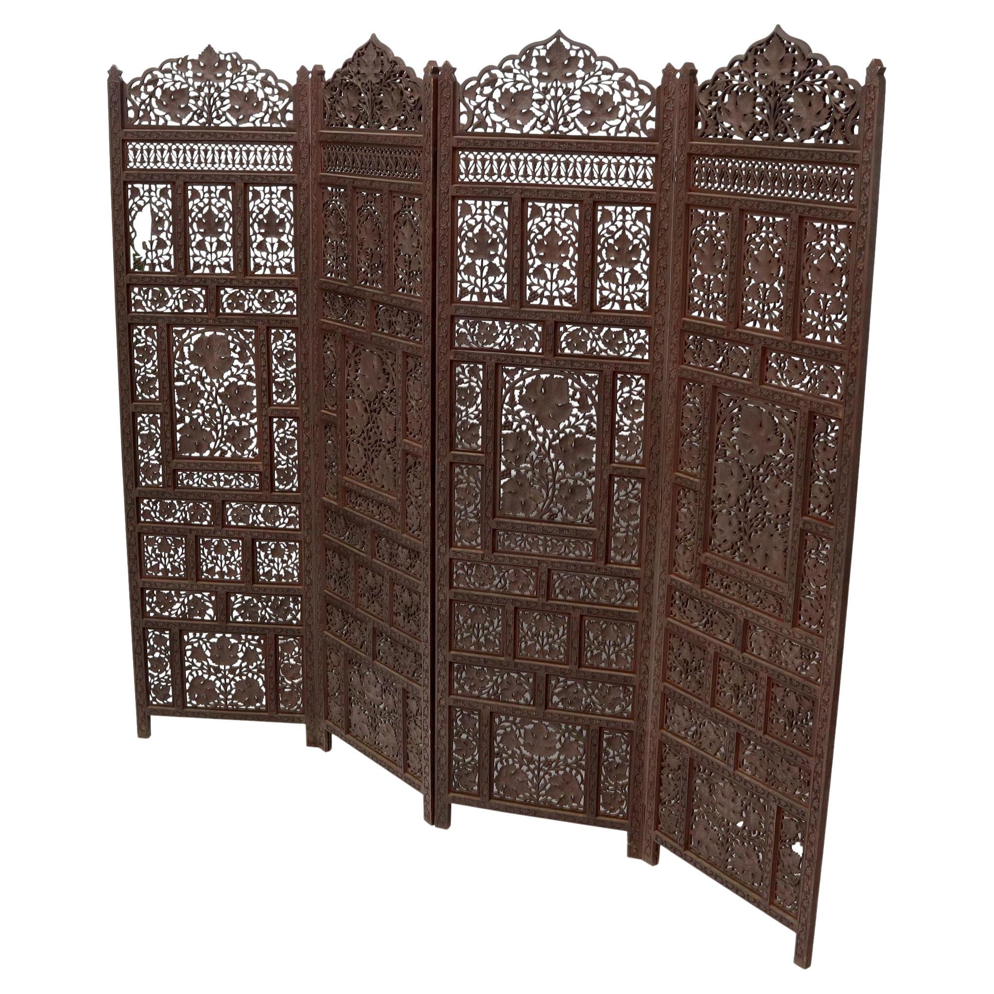Four-Panel Finely Carved Teak Room Divider Screen