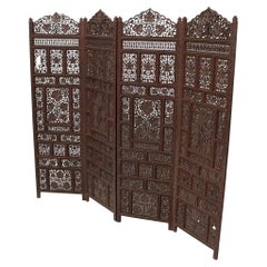 Four-Panel Finely Carved Teak Room Divider Screen