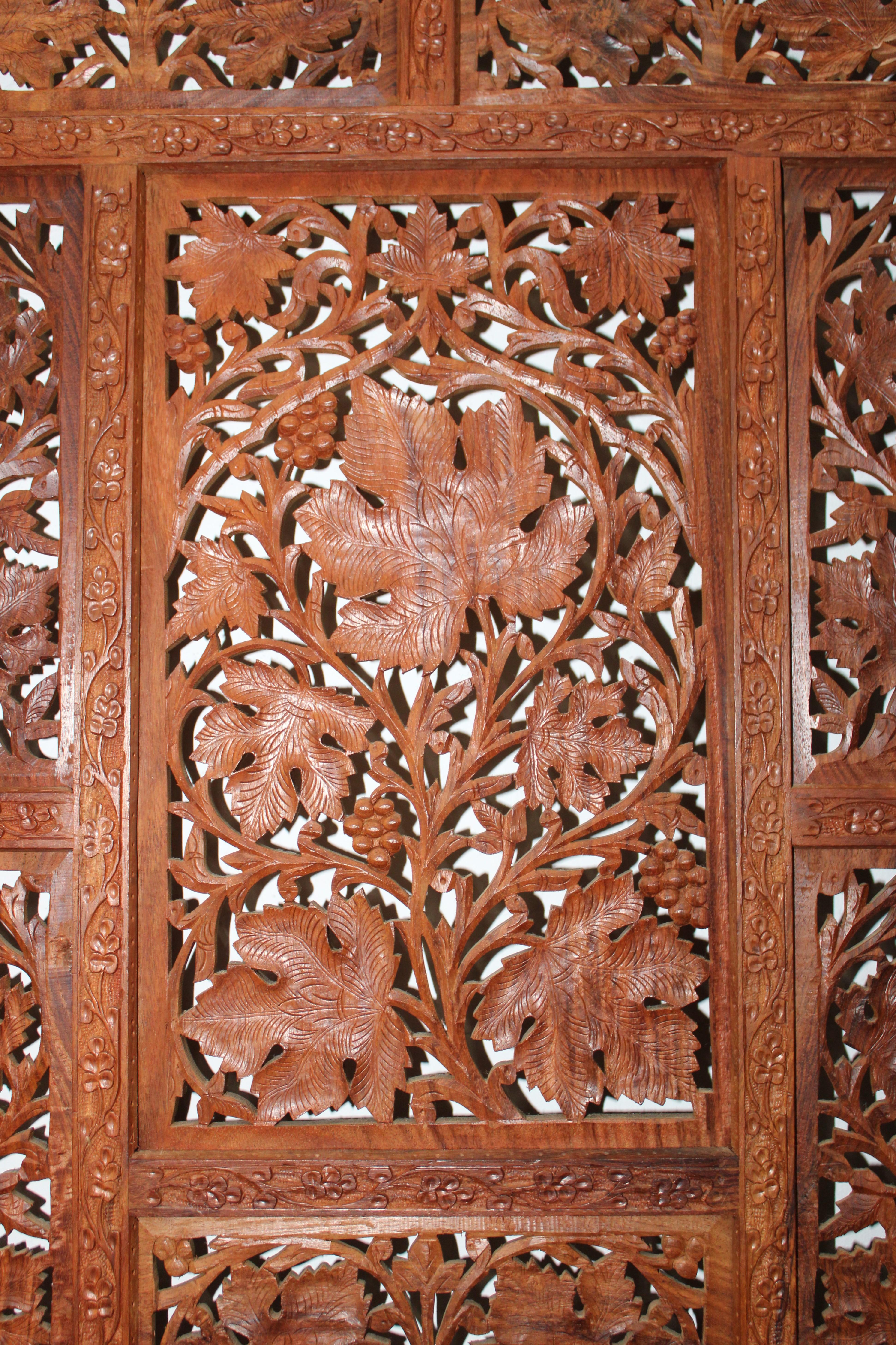 20th Century Four Panel Floor Screen, Teakwood W/ Intricately Carved Leaf & Grape Design For Sale