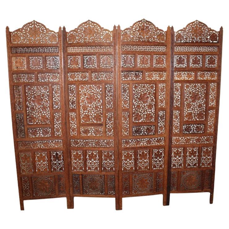 Four Panel Floor Screen, Teakwood W/ Intricately Carved Leaf & Grape Design For Sale