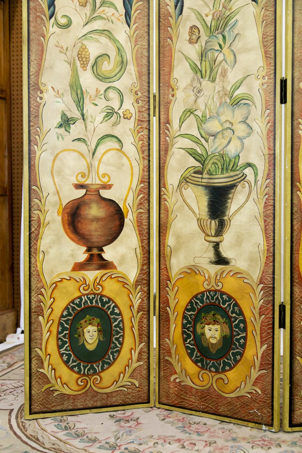 American Four Panel Folding Painted Screen For Sale