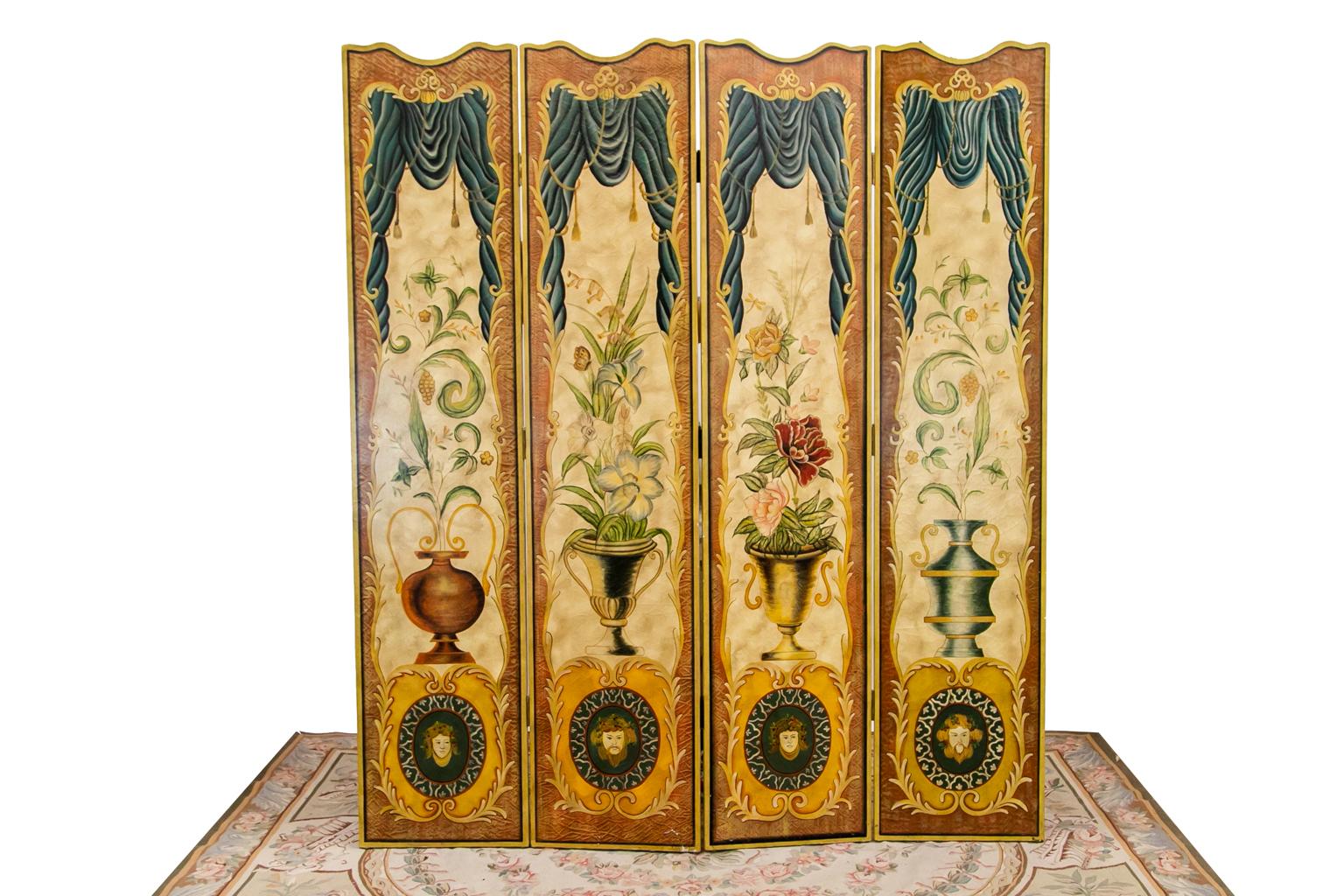 Hand-Painted Four Panel Folding Painted Screen For Sale