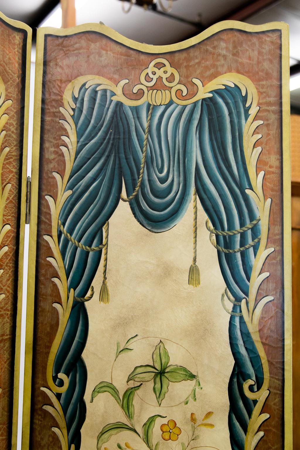Late 20th Century Four Panel Folding Painted Screen For Sale