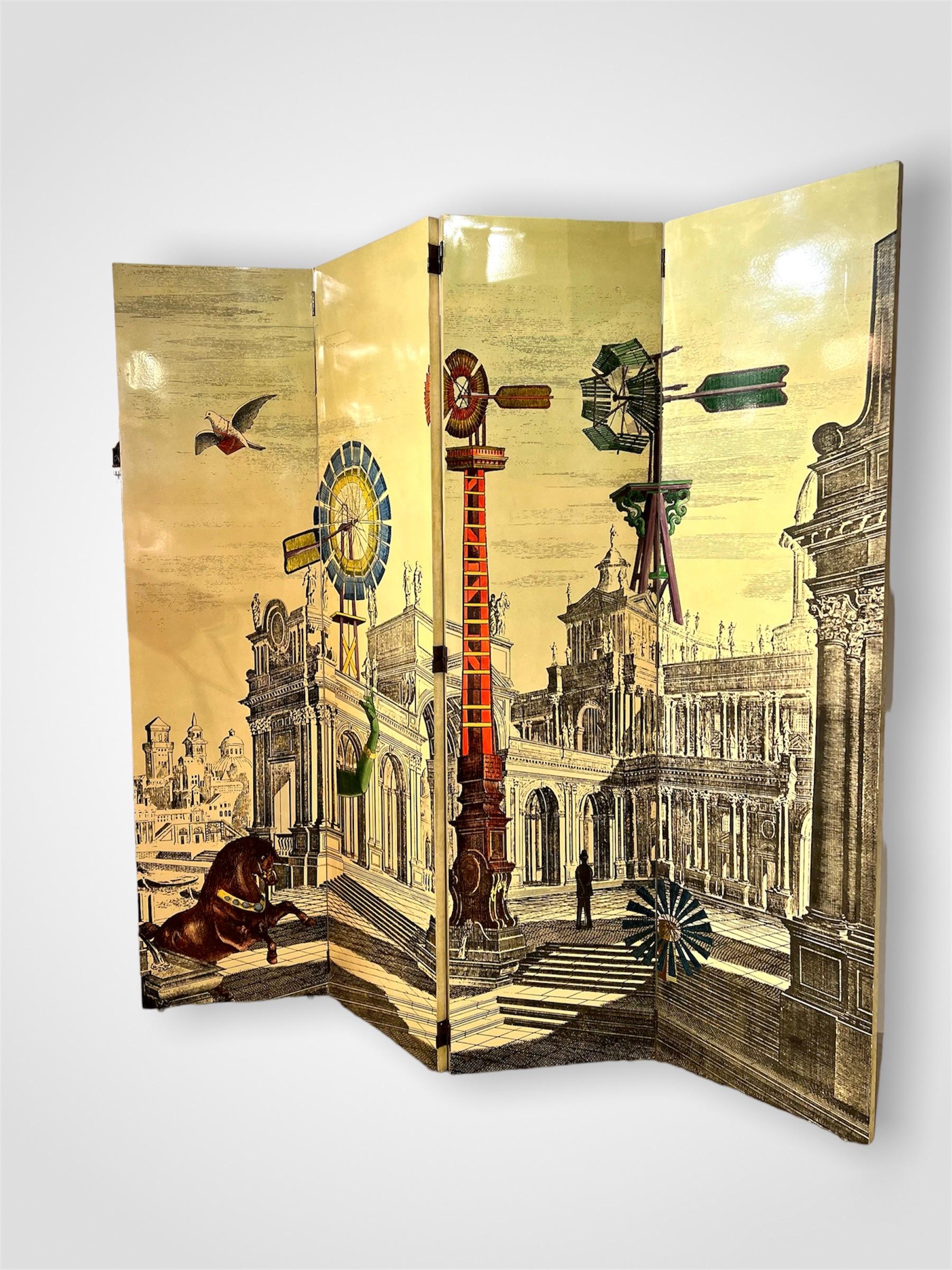 Large Four-Panel Folding Screen or room divider by Piero Fornasetti displaying windmills and a city center. The reverse decorated with an Italian forestscape print.