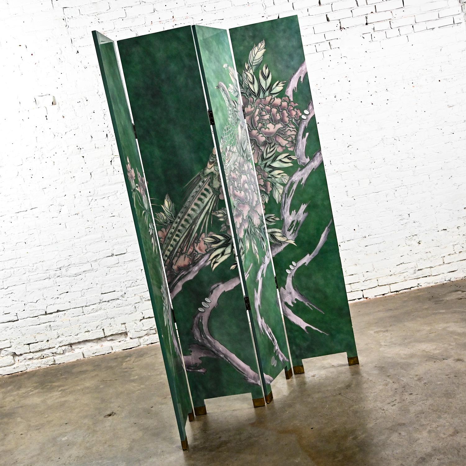 Four Panel Folding Screen Modern Asian Chinoiserie Tall Green Hand Carved For Sale 2