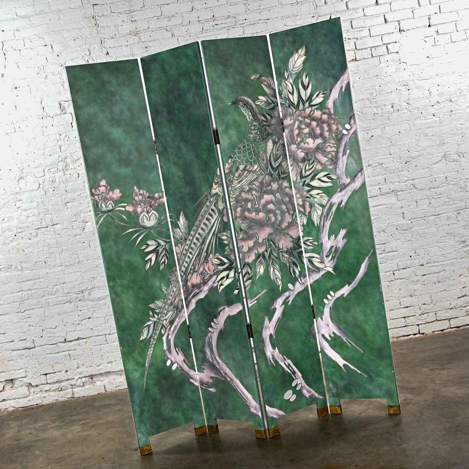 Four Panel Folding Screen Modern Asian Chinoiserie Tall Green Hand Carved For Sale 4