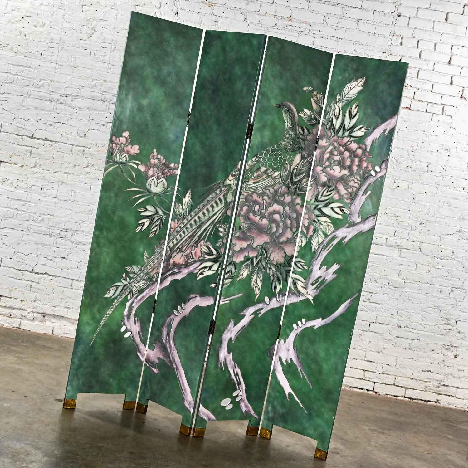 Four Panel Folding Screen Modern Asian Chinoiserie Tall Green Hand Carved For Sale 5