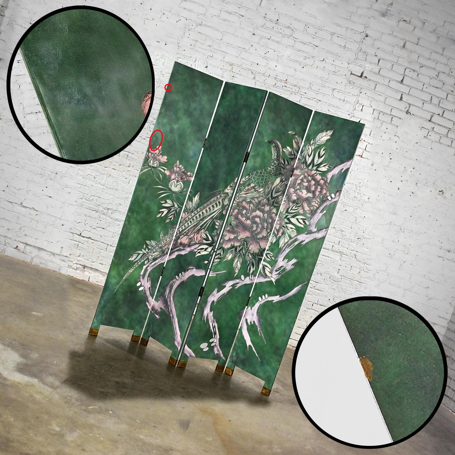 Four Panel Folding Screen Modern Asian Chinoiserie Tall Green Hand Carved For Sale 6