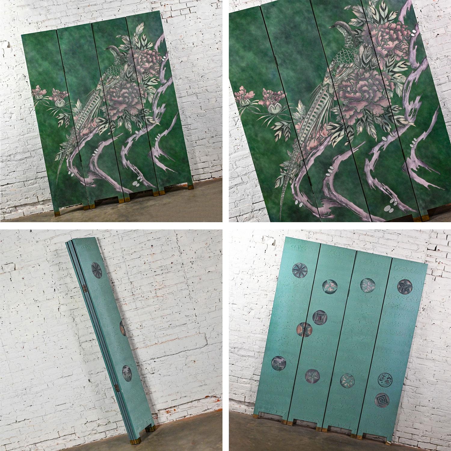 Four Panel Folding Screen Modern Asian Chinoiserie Tall Green Hand Carved For Sale 7