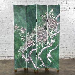 Four Panel Folding Screen Modern Asian Chinoiserie Tall Green Hand Carved
