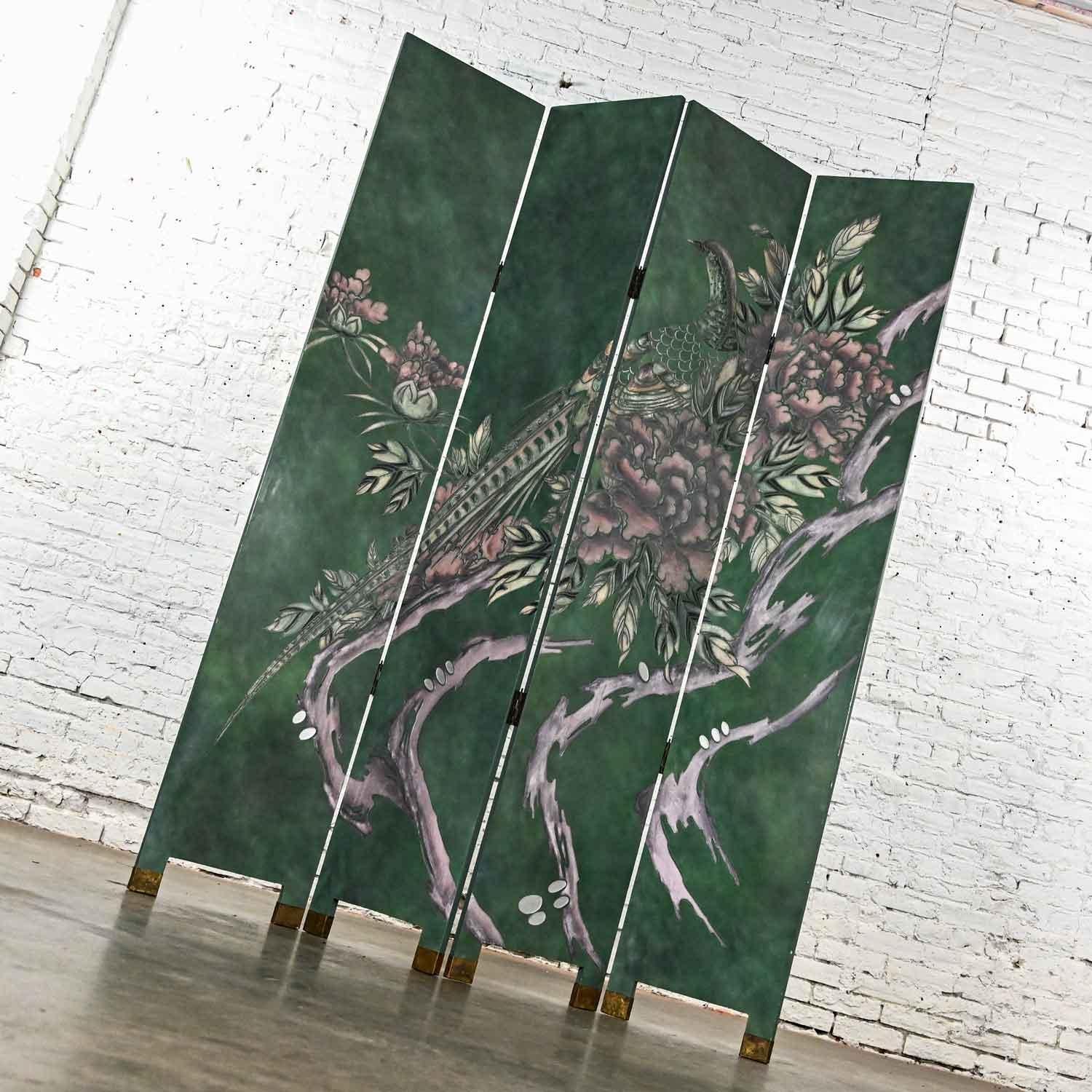 Chinese Four Panel Folding Screen Modern Asian Chinoiserie Tall Green Hand Carved For Sale
